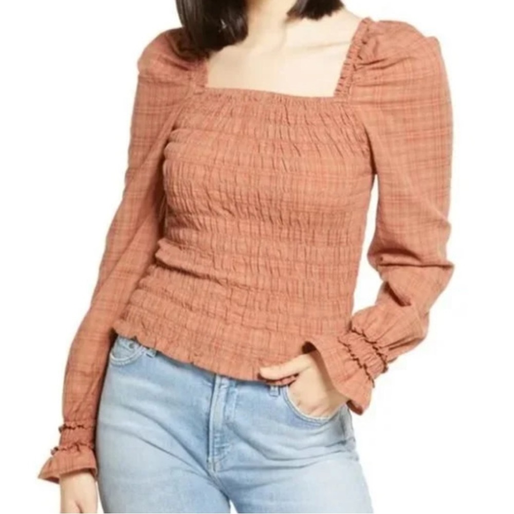 Vero Moda smocked / cinched stretchy on off shoulder top long sleeve rust XL